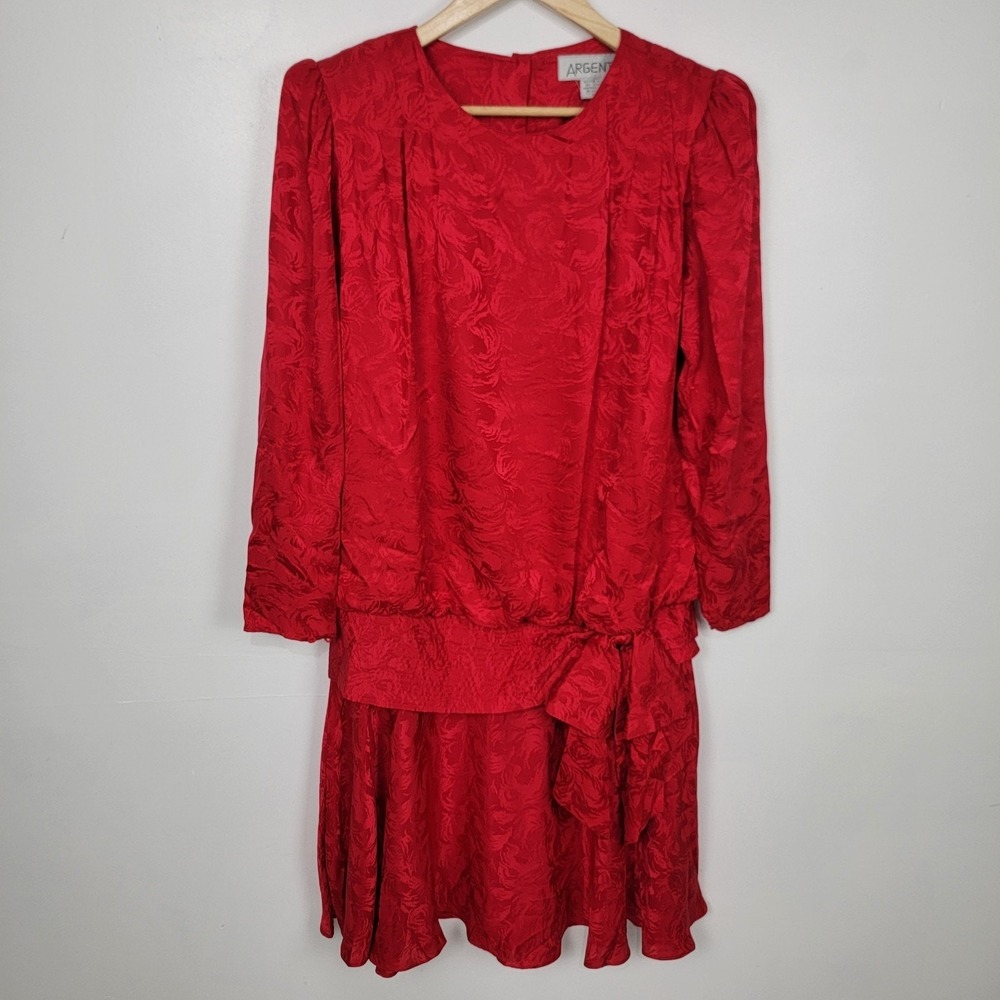 Argenti 100% Pure Silk Red Vtg Dress Size 10 Boho Love‎ Holidays Shoulder Pads